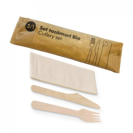 Wood Cutlery Set (F + K + Napkin)