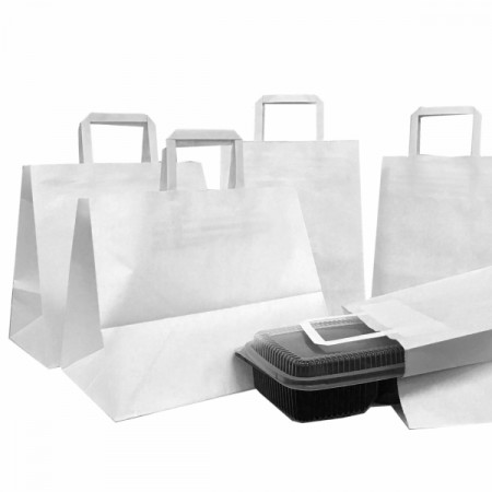Punga hartie alba, delivery, cu maner plat, take away, 3 dimensiuni